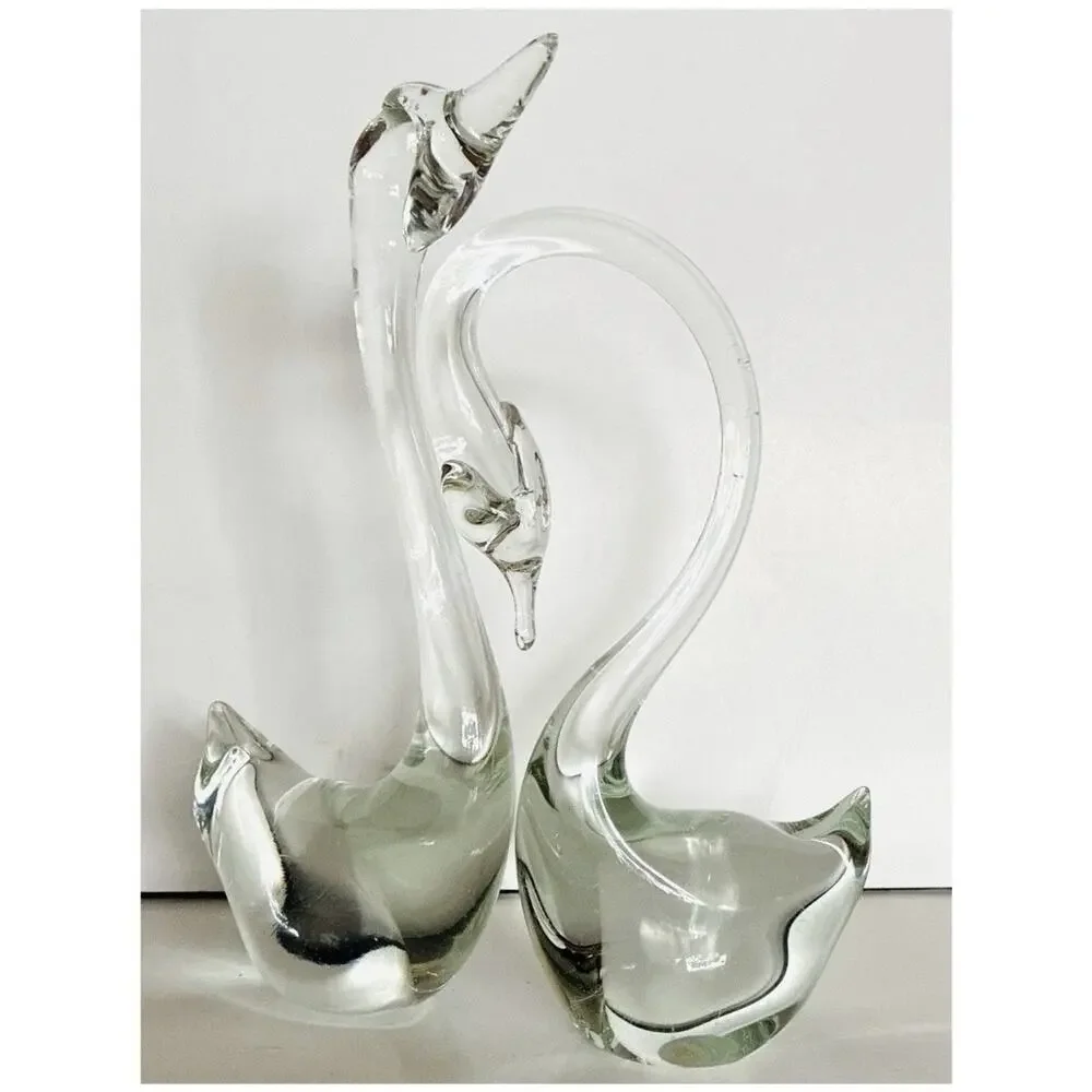 Vintage MCM Pair of Clear Hand Blown Glass Swans Smooth Pontil Quality Versatile